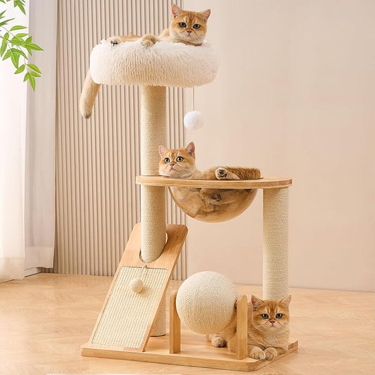 HITTITE Solid Wood Cat Tree Tower with Scratching Post, 37.8 Inches Tall Cat Towers with Scratching Board and Scratcher Ball, Modern Cat Tower With Space Capsule and Removable Top Bed for Indoor Cats.