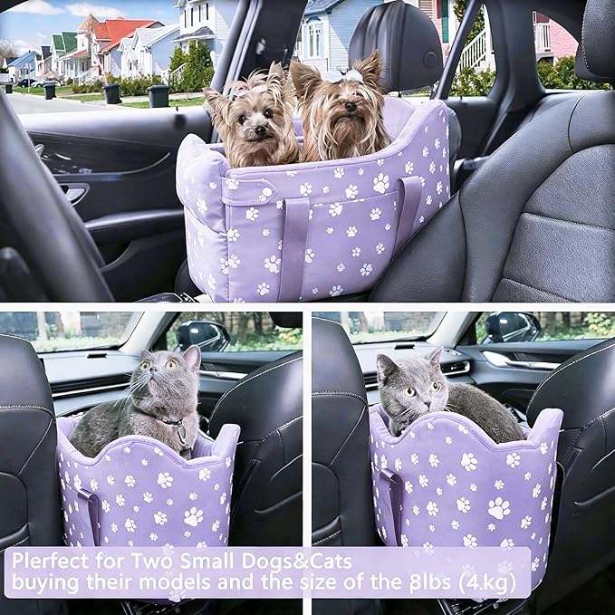 Center Console Dog Car Seat for Medium Dogs - Portable Dogs Armrest Booster Seat, Anti-Collapse Pet Car Seat with Soft Cushion Safety Belt, Support Pet Up to 21lbs (Purple)