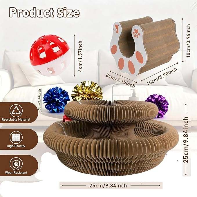 2PCS Magic Organ Cat Scratch Board Sets with 10 Extra Balls，Interactive Cardboard Puzzle Ball Track Toy for Indoor Cats | Collapsible Ball Track with Bell, Eco-Friendly Ring for Play, Chase & Scratch