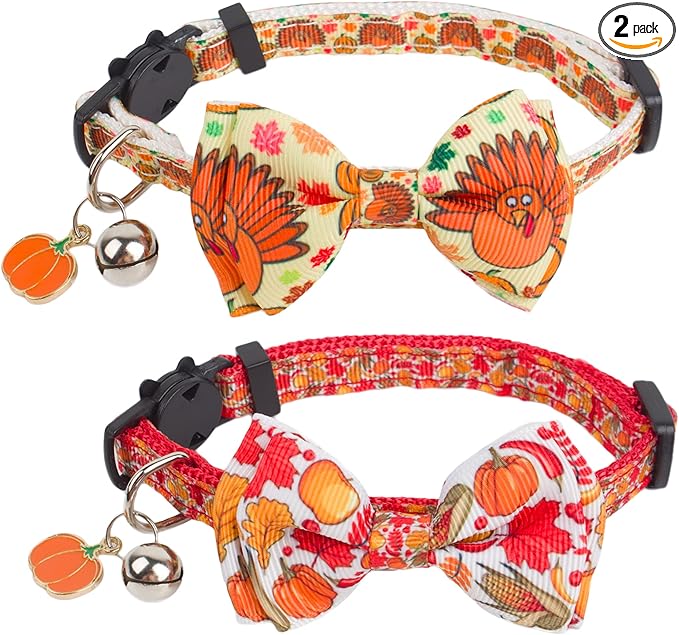 ADOGGYGO Thanksgiving Cat Collars with Bow Bell, Breakaway Fall Kitten Collar with Bowtie Pumpkin Turkey Collar for Girl Boy Cats Kittens