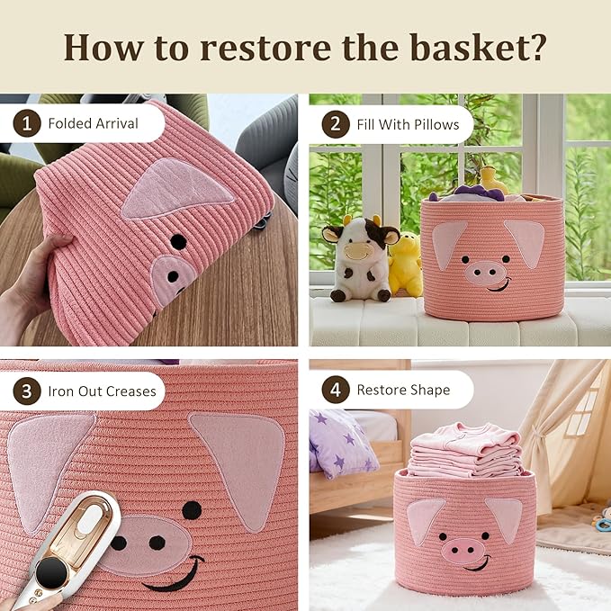 VK VK·LIVING Animal Baskets Large Woven Cotton Rope Storage with Cute Pig Design and Handles, Laundry Organizer for Towels, Blanket, Toys, Clothes, Gifts, Toy Box, Gift for Pet or Baby 15"D x 14"H