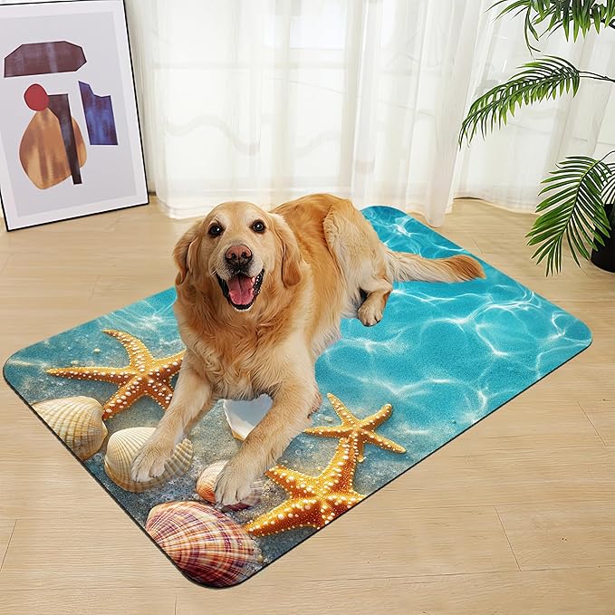 Starfish Seashell on Beach Pet Feeding Mat for Floors–Absorbent Quick Dry Dog Cat Bowl Mat for Food and Water, Non Slip Waterproof Base, Mess-Free Feeding Accessories 12"x20"