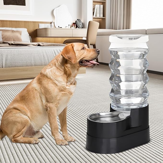 RIZZARI Black 9L Gravity Dog Water Dispenser - Ion Exchange & Carbon Filtration, Raised Base for Senior Dogs, Spill-Resistant, Includes 2 Filters & Caps, with Stainless Steel Bowl, for Multi-Dog Homes