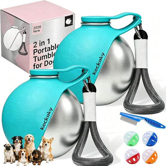 2 in 1 Portable Dog Water Bottle, 2026 New 10oz Spherical Stainless Steel Pet Bottle with Silicone Foldable Bowl, No-Spill Leak-Proof Design, Dog Water Bottle for Walking, Hiking, Travel (Blue*2)