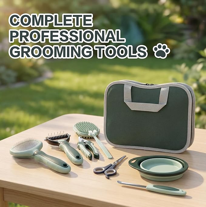 Thalirem Dog Grooming Kit, 8 in 1 Pet Grooming Kit with Collapsible Travel Bowl, Portable Grooming Tools with Storage Bag for Dogs Cats Home Outdoor