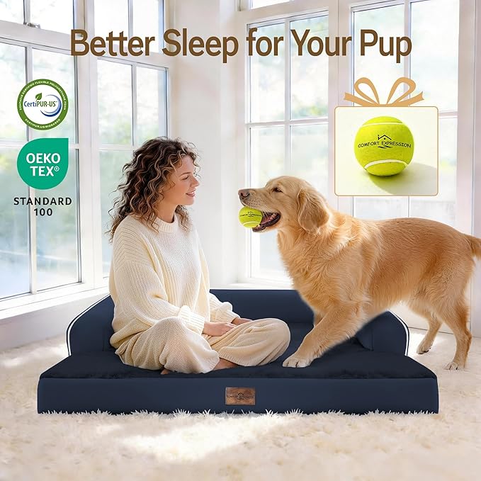 Comfort Expression Extra Large Dog Bed - XXL Washable Orthopedic Bed for Big Dogs - Pet Couch Waterproof Bolster with Removable Non-Slip Cover, 48 x 33