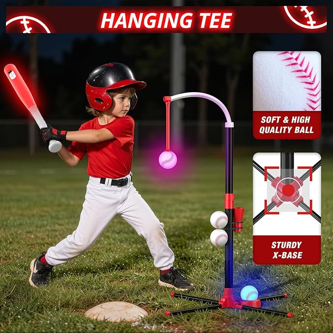 Wee Wonders 3-in-1 LED T Ball Set for Kids, Adjustable Height, Hanging Tee Ball Set with Baseball Launcher/4 Softballs/Light Up Bat, TBall Stand Sport Toys, Baseball Gifts for Boys Girls Age 3-5