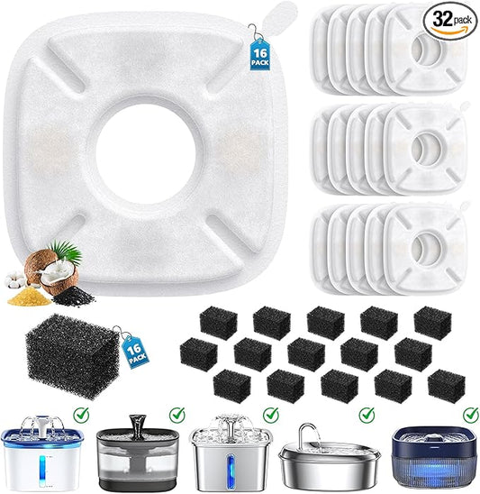 32 Pcs Cat Water Fountain Filters for Veken 95oz/2.8L, 67oz, 85oz, 135oz Dog Water Fountain Automatic Pet Fountain Dog Water Dispenser 16Pcs Pet Fountain Filter Replacement & 16Pcs Pre-Filter Sponges