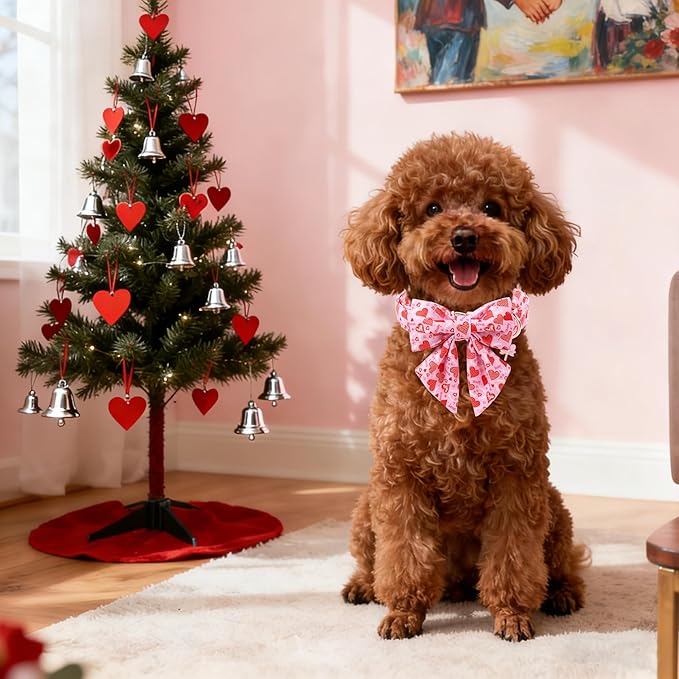 DOGWONG Valentine's Day Dog Collar with Bow Tie - Adorable Pet Collar Red Hearts with Rose Gold Buckle for Large Medium Small Dog Walking, L