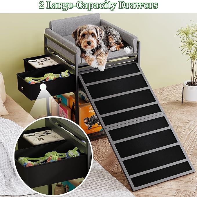 kepptory Dog Window Perch with Stairs and Storage, Bunk Dog Bed with Folding Pet Ramp for Dogs Cats, Pet Sofa Chair with Pet Stairs Ramp for Office