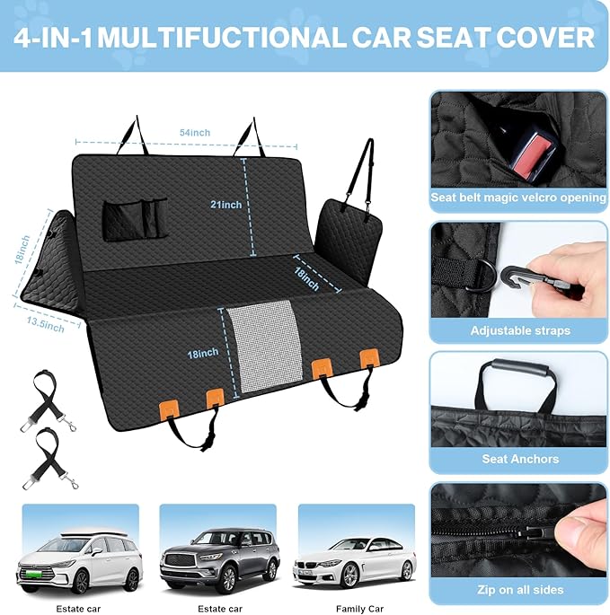ZRRAJOY Dog Car Seat Cover for Back Seat, Waterproof Protector with Side Flaps, Scratchproof Hammock, Non-Slip Bottom for Cars/Trucks/SUVs (Black)