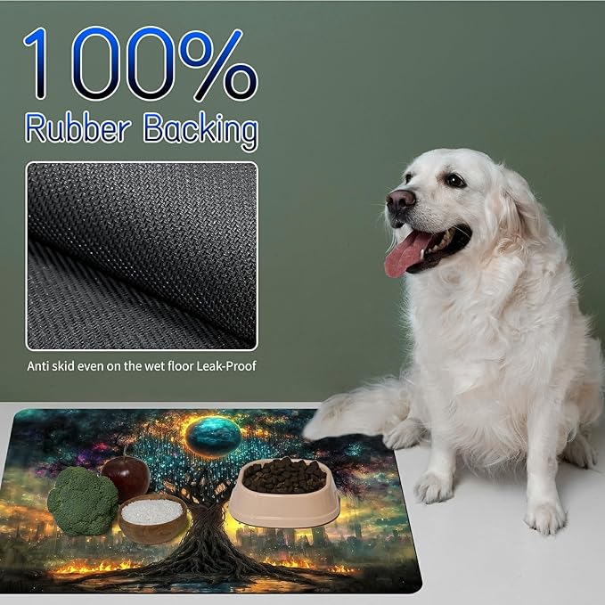 Dog Food Mat, 15.7" x 23.6" Absorbent Pet Feeding Mat for Food and Water, Waterproof Diatom Mud Pet Placemat with Non-Slip Rubber Backing, Easy Clean Cat Bowl Mat for Floors - Rain Drop Trees