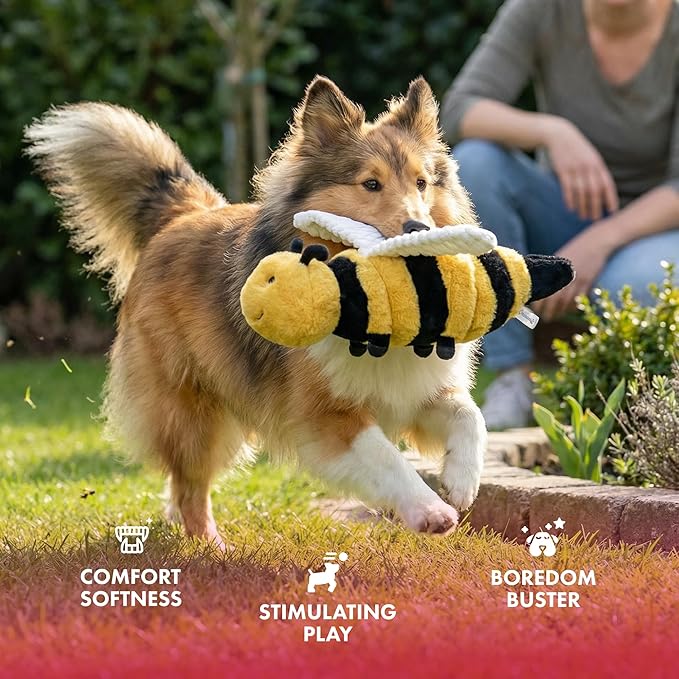 Pet Lou 16 Inch Bee Squeaky Dog Toy, Durable Plush Dog Toy with Crinkle Wings, Interactive Dog Toy for All Dogs, Farm Friends