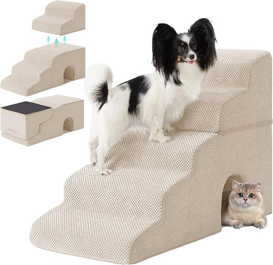 Dog Stairs for Bed 23’’ H, 5-Step Dog Steps for High Bed, Foldable Pet Stairs for Small Dogs and Cats to Get on Beds, Couch, Non-Slip Balanced Pet Steps and Ramp with Waterproof Cover, Beige