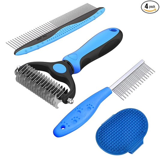 4 Pack Pet Grooming Combo - Blue Deshedding Brush,With Metal Comb,Bath Brush, With Long & Short Stainless Steel Teeth Depilatory Comb For Detangling And Dematting Long, Matted Fur On Cats And Dogs