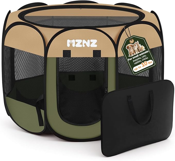 Dog Cat Playpen, Portable Small Animal Playpen Crate Indoor for Dogs Cats Rabbits, Foldable Guinea Pigs Bunny Cage Enclosure Outdoor, Pop Up Dogs Cats Tent Kennel with Carrying Case, Olive Green
