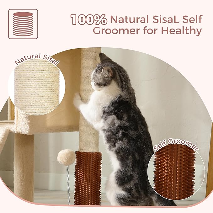 Small Cat Tree Tower for Large Cats with Spacious Top Bed 20x13.8”Private Cat Condo,Sisal Scratching Post and Ramp and Self Groomer and Spring Ball-Beige