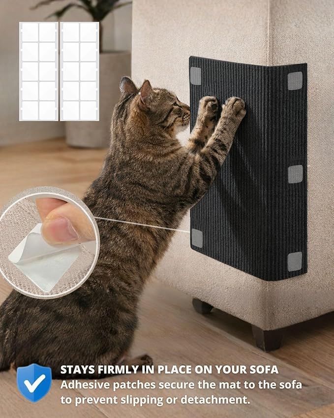 Corner & Wall Cat Scratch Mat, Self-Adhesive Trimmable Cat Scratcher, Wall Mounted Scratching Pad for Indoor Cats, Sofa Furniture Protector, Cat Post Cover Replacement (Black, 23.6''x11.8'', 3-Pack)
