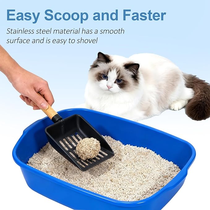 Cat Litter Scoop, Metal Litter Scoop, Heavy Duty Metal Cat Scooper for Litter Box, Black Sifter Scoop for Pellets, Wooden Handle Scoop with Hole, Kitty Necessity (Cat Litter Scoop Short)