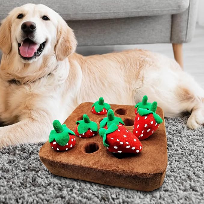Snuffle Mat - Dog Strawberry Toy, Interactive Play Rug, Soft Plush Vegetable Field Design, Chew Resistant Training Mat | Fun Chewing Toy for Dogs, Pet Enrichment Game, Indoor Activity Pe