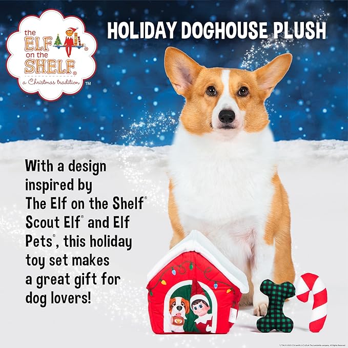 The Elf on the Shelf Doghouse Plush Burrow Toy for Pets | 7 Inch Plush Dog House with 2 Removable Plush Toys for Dogs, Bone & Candy Cane with Crinkle Texture
