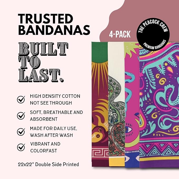 The Peacock Crew Premium Soft Cotton Bandanas Pack for Men and Women Paisley 22 x 22 inches