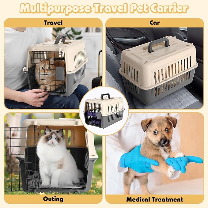 2 Set Hard Plastic Pet Carrier Breathable Dog Cat Kennel with Metal Door Bowl Grille Mat Pet up to 14 Lbs Carrier for Walking Camping Vet Visits Travel, 17.3"L x 11.8"W x 10.6"H(Gray White)