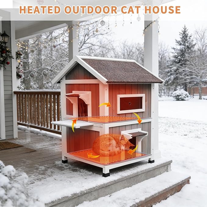 Rockever 100% Waterproof & Insulated Heated Cat House for Outdoor Cats, 2 Story Heated Cat House for Outside with Heating Pad, Elevated Outdoor Cat House, Feral Cat Shelter with Escape Door