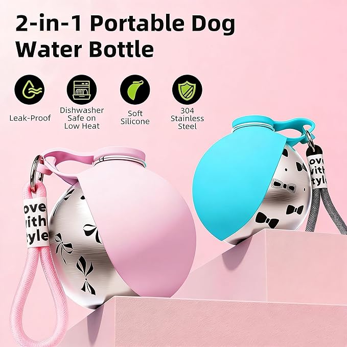 2 in 1 Portable Dog Water Bottle with Foldable Silicone Bowl, 10 Oz Travel Water Bottle for Dogs Drinking, Leakproof Stainless Steel Pet Water Bowl for Outdoor Walking Hiking Camping (Pink no Print)