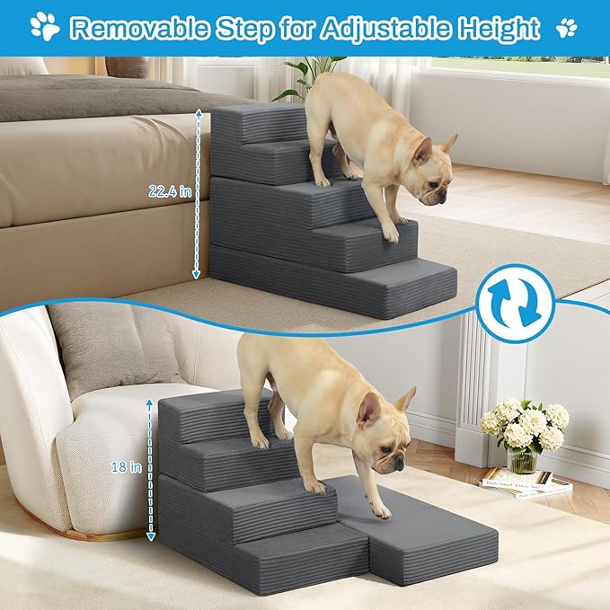 Dog Stairs for Small Dogs, 22" H Dog Steps for High Bed, 5 Steps 3 in 1 Foldable Pet Ramp for Large Cats Climb, Transformable Large Cats Ramp to Get on Couch, Non-Slip Balanced, Dark Grey