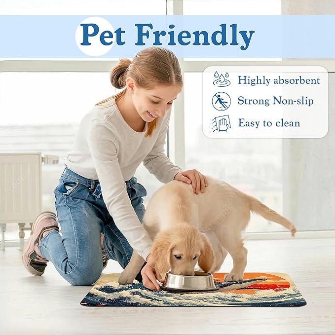 Wave Cat Dog Food Mat,Ukiyo-e Whale Absorbent Quick Dry Feeding Placemat for Food and Water Bowls, Non Slip Rubber Backing, Waterproof Pet Supplies for Mess-Free Eating 16"x24"