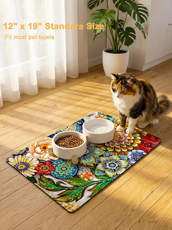Rnivvi Dog Food Mat, 12" x 19" Flower Absorbent Dog Cat Bowl Mat for Food and Water, Cute Anti-Slip Rubber Pet Feeding Rug Protect Floors, Puppy Placemat for Feeding & Watering Supplies,Mandala Floral