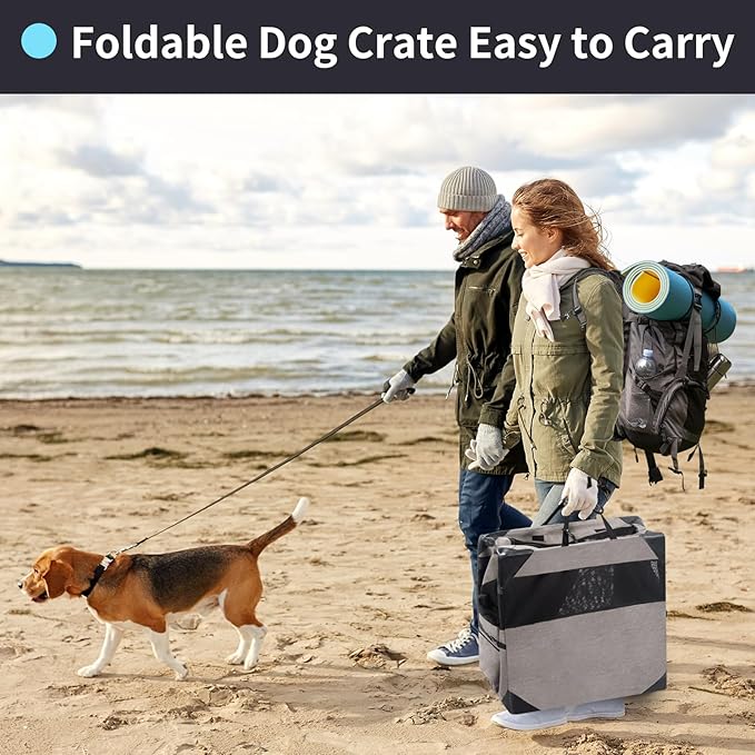 Zikopomi 30 Inch Portable Travel Dog Crate, 3 Door Collapsible Soft Pet Kennel with Durable Mesh Windows for Small and Medium Dogs, Foldable Dog Cage with Storage Pocket for Outdoor (Light Grey)