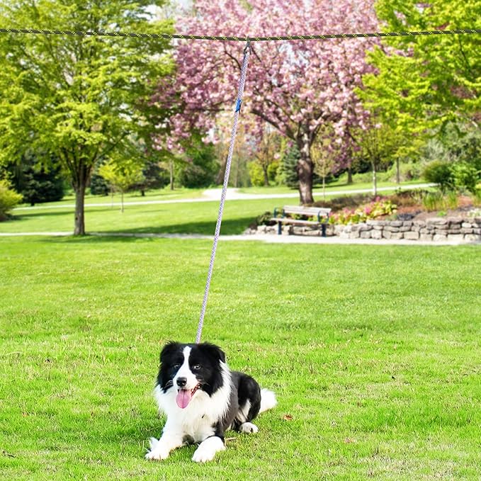 XiaZ Dog Tie Out Cable for Camping, 50ft Portable Overhead Trolley System for Dogs up to 200lbs，Dog Lead for Yard, Camping, Parks, Outdoor Events,5 min Set-up