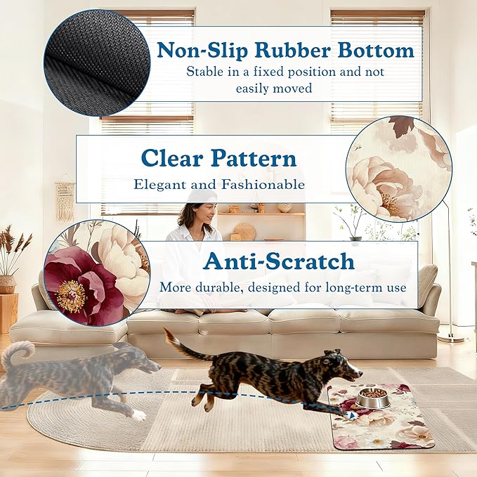 Vintage Floral Rose Pet Feeding Mat–Quick Dry Absorbent Dog Cat Food Mat, Non Slip Waterproof Bowl Placemat for Messy Eaters, Pet Accessories for Floors 16"x24"