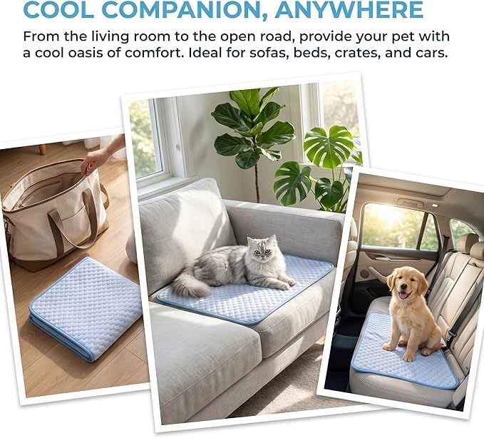 Dog Cooling Mat for Small Pets Up to 11 lbs, 19.7"x15.7" - Gel Free Ice Silk Self-Cooling Pad, Non-Slip Portable Summer Pet Bed for Kittens Puppies, Blue