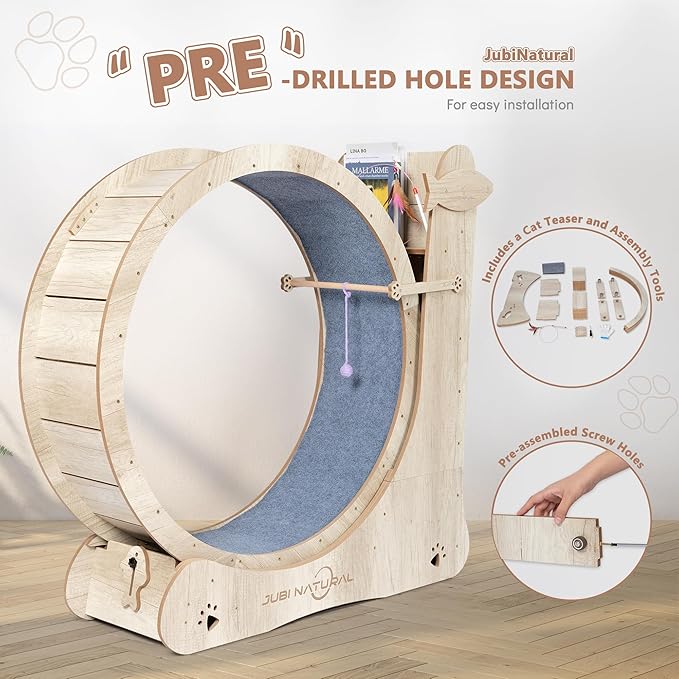 Cat Exercise Wheel, 33.9" Cat Running Wheel for Indoor Cat with Cat Scratching Board and Teaser Toy, Cat Treadmill Wheel with Locking Mechanism, Cat Exercise Wheel - Cat's Weight Loss and Health