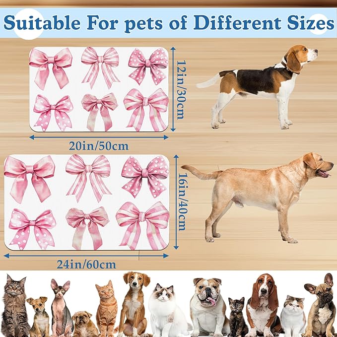 Pink Bows Dog Cat Food Mat–Absorbent Waterproof Placemat for Food and Water Bowls, Non Slip Rubber Backing, Feeding Mat for Clean Floors 12"x20"