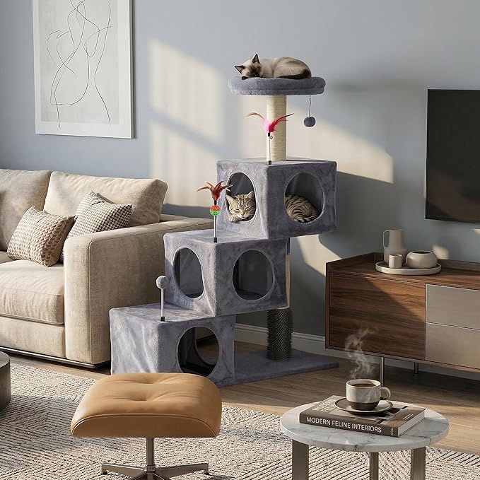 Cat Tree Tower for Indoor Cats, Cat Tree with 3 Spacious Cat Houses & Condos, Full Sisal Scratching Posts and Cat Scratcher Toys，Grey