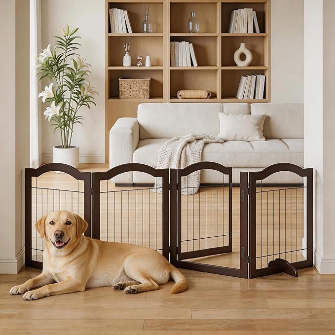 Vantas Folding No-Assembly Dog Door Pet Gate 96" Wide, 30" Tall Wooden Dog Gate with Door Walk Through, Freestanding Wire Pet Gate, Pet Puppy Safety Fence, with 2PCS Support – Espresso