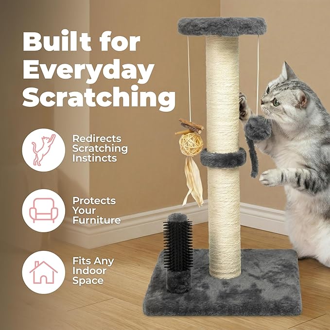 Best Pet Supplies Catify Cat Scratcher, Fun Interactive Scratchers, Posts, Poles, Claw Safe, Furniture Saver Indoor Play Support Natural Cat Behaviors Heavy Duty - Gray Scratching Post - H: 25"