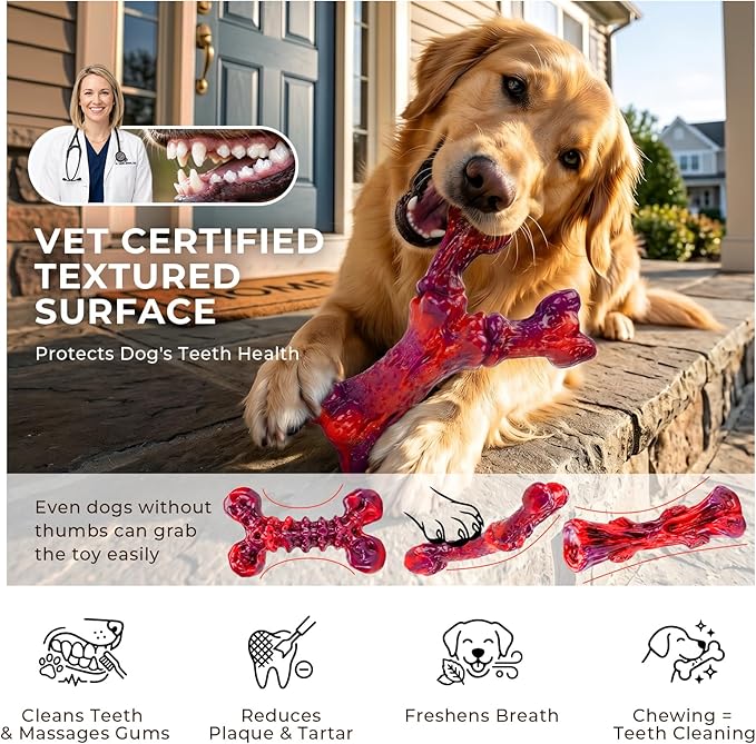 Kseroo Indestructible Dog Toys for Aggressive Chewers: 3-Pack Beef Flavored Hard Nylon Dog Chew Toys for Medium & Large Dogs(25-90lbs), Tough Super Chewer Dog Bones Toys to Keep Them Busy, Red
