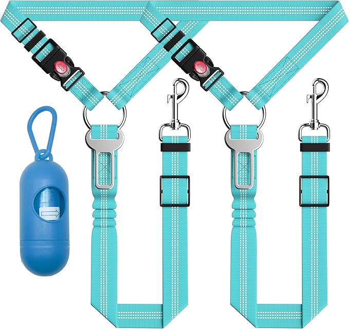 Seyezo 3-Piece Dog Car Harness Set - Retractable, Adjustable, Reflective Dog Seatbelt for Vehicle Headrests, Heavy Duty, High Elastics, Sky Blue