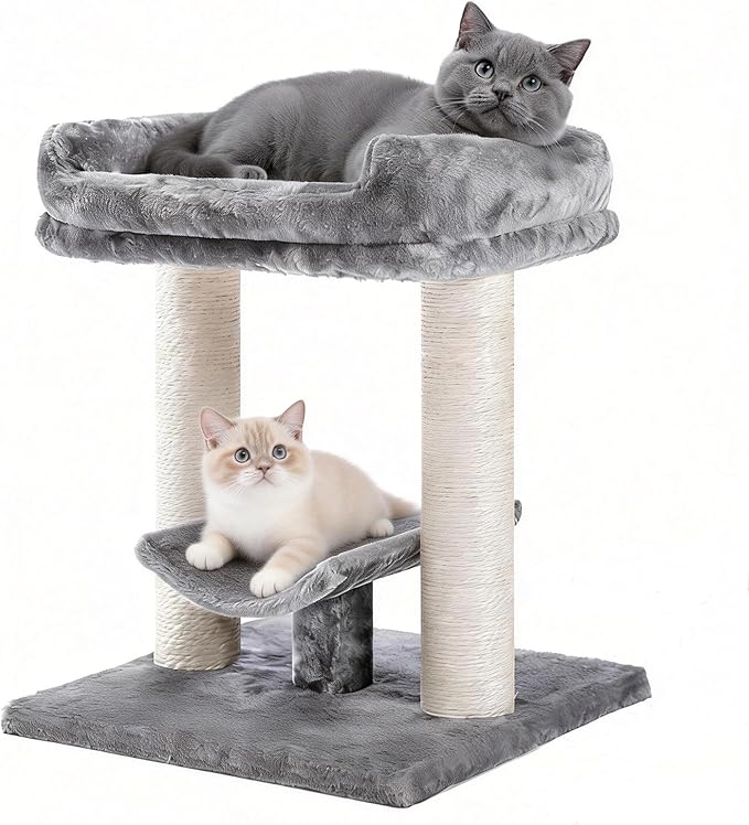 PETEPELA 19" Scratching Post, Cat Tree Tower, 100% Natural Sisal Scratcher with Large Plush Top Perch Bed, Cozy Platform for Kittens and Cats