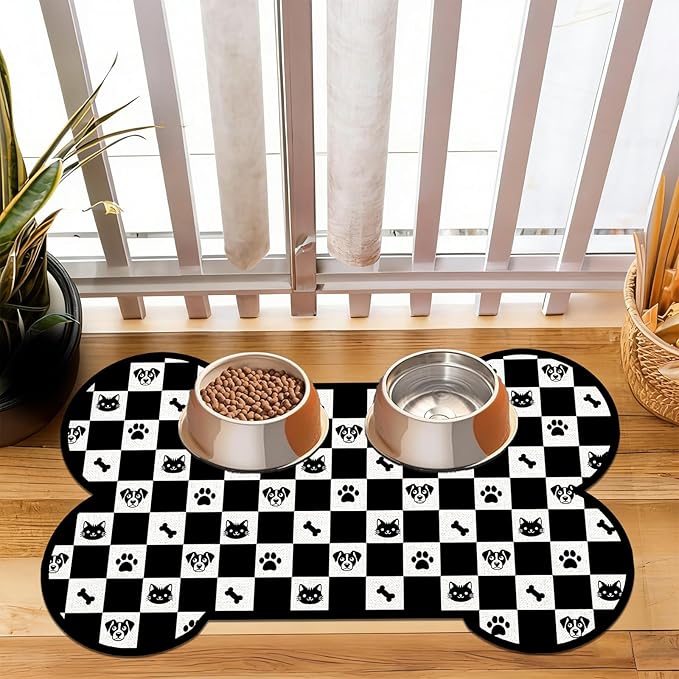 Pet Dog Cat Food Mat, Absorbent Bone Shaped Dog Bowl Mats for Food and Water, Non Slip Cute Footprint Dogs Cat Placemats Feeding Mat for Floors Puppy Pet Accessories Supplies 16"x24" Black White