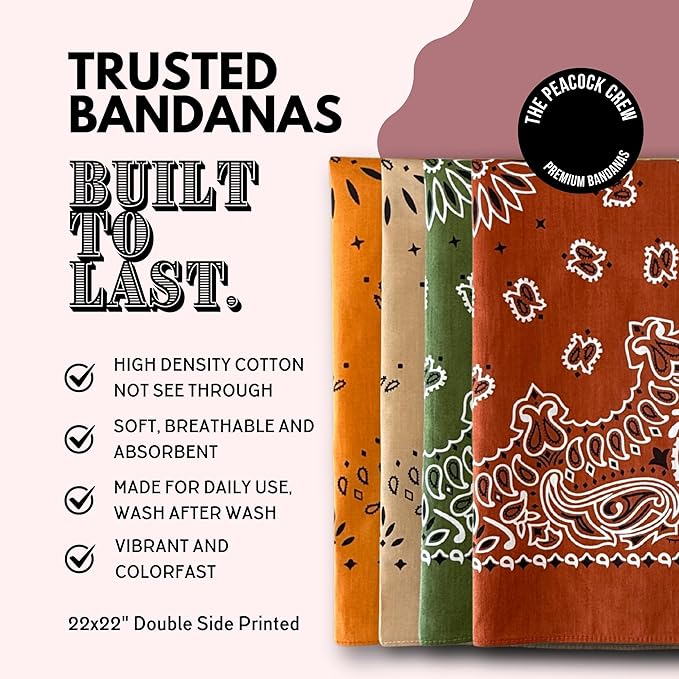 The Peacock Crew Premium Soft Cotton Bandanas Pack for Men and Women Paisley 22 x 22 inches