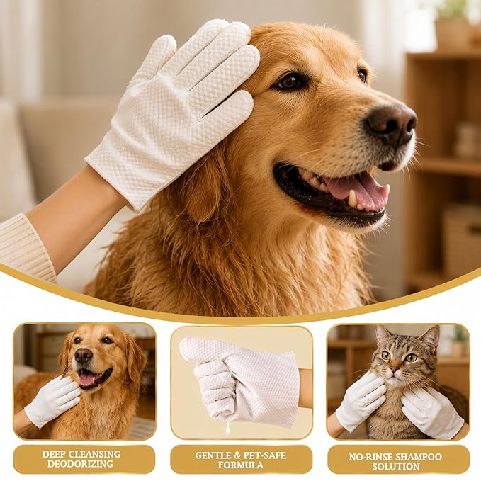Hypoallergenic Pet Glove Wipes for Dogs & Cats - 7 Individually Wrapped Disposable No-Rinse Grooming Mitts | Lick-Safe Waterless Cleaning Gloves for Paws, Butt, Face & Fur | Deodorizing & Soft