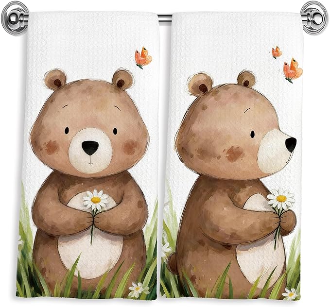 Spring Floral Bear Hand Towels for Kids Bathroom Washroom Decor 16x24 Inches, Gifts for Bear Lovers, Cute Forest Animal Kids Bathroom Towels Decorative, Set of 2