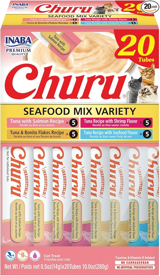 INABA Churu Cat Treats, Lickable, Squeezable Creamy Purée Cat Treat with Green Tea Extract & Taurine, 0.5 Ounces Each Tube, 20 Tubes, Seafood Variety Box