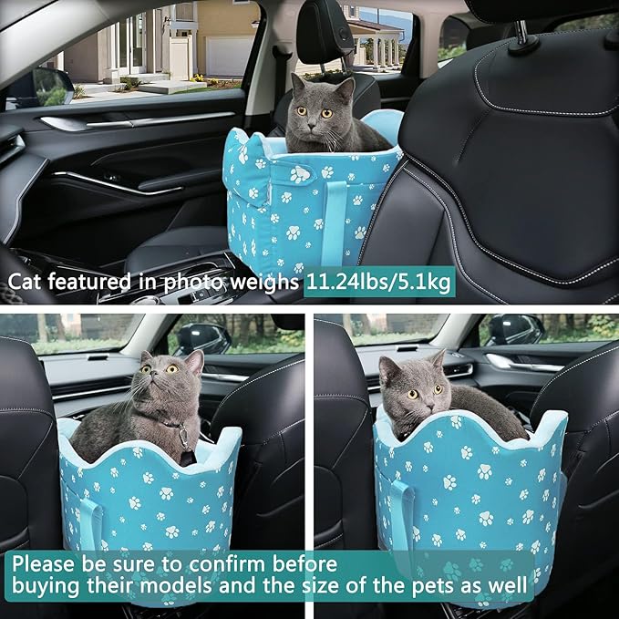 Center Console Dog Car Seat for Small Dogs Under 15lbs,Detachable Washable Booster Pet Car Seat Travel Bed with Storage Pockets and Seat Belt(Blue)